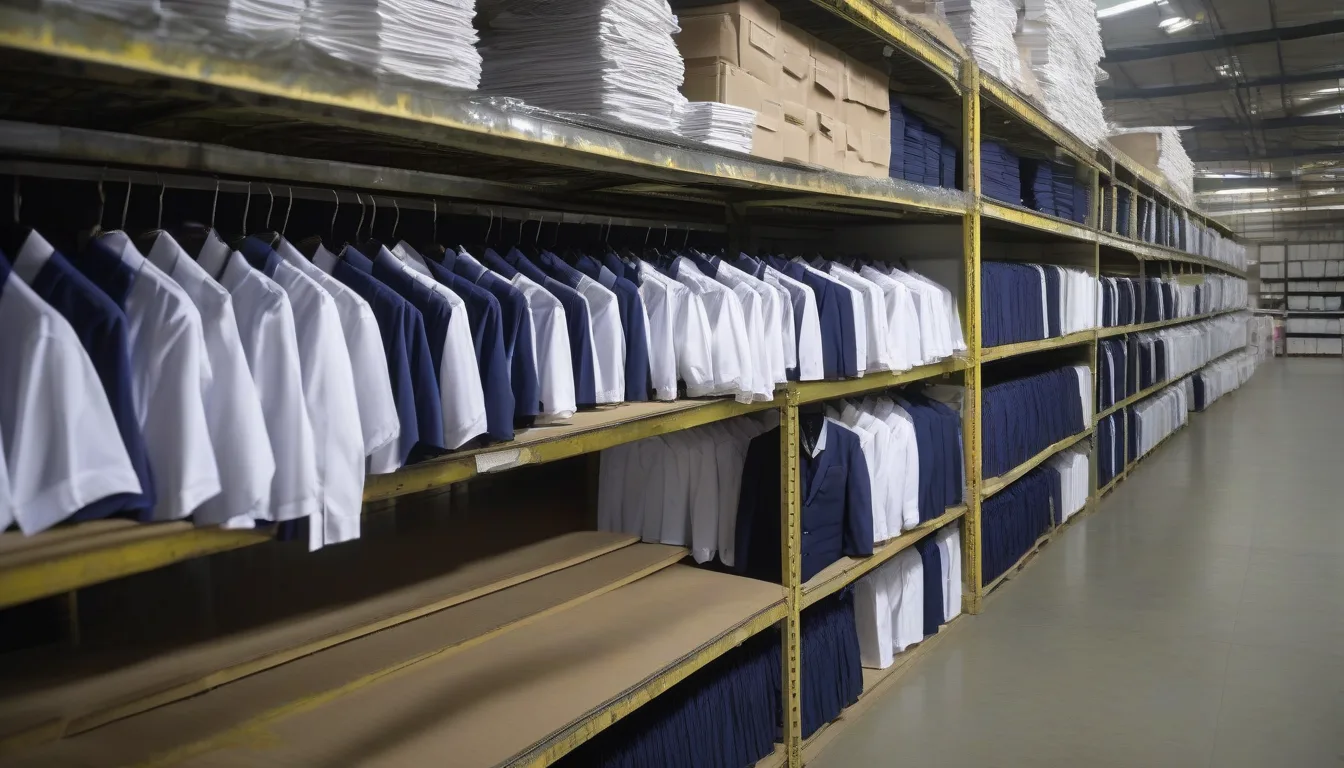 Stacks of folded office shirts and uniforms in a warehouse