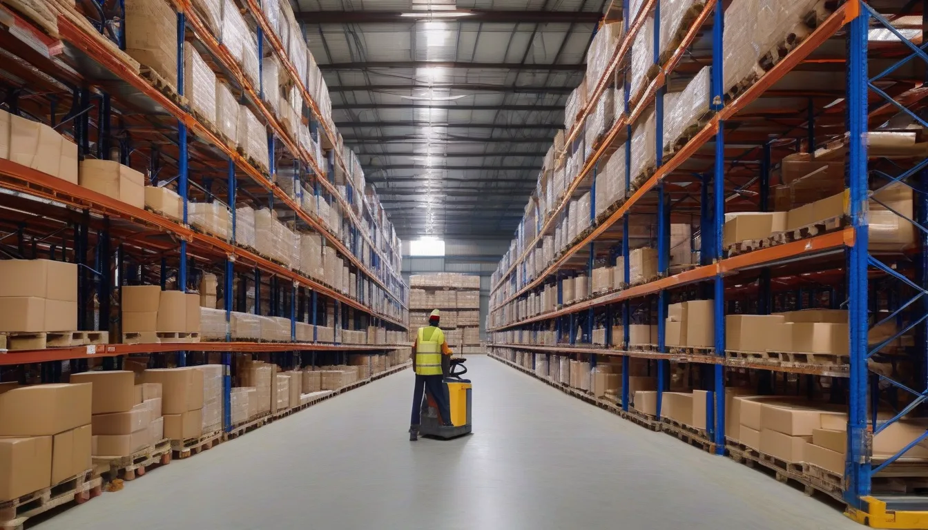 A distribution warehouse with shelves of packed cartons