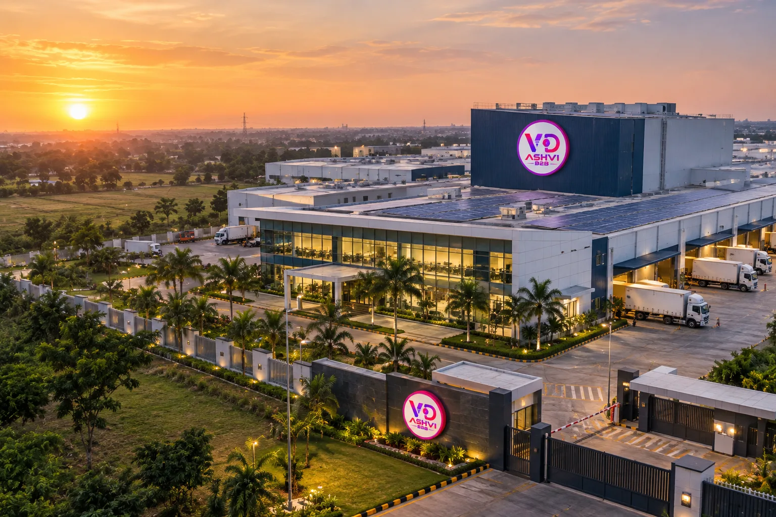 Aerial view of the VDG Ashvi B2B manufacturing and dispatch campus at sunrise