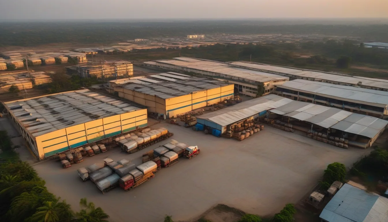 Factory buildings in an Indian industrial estate at dusk