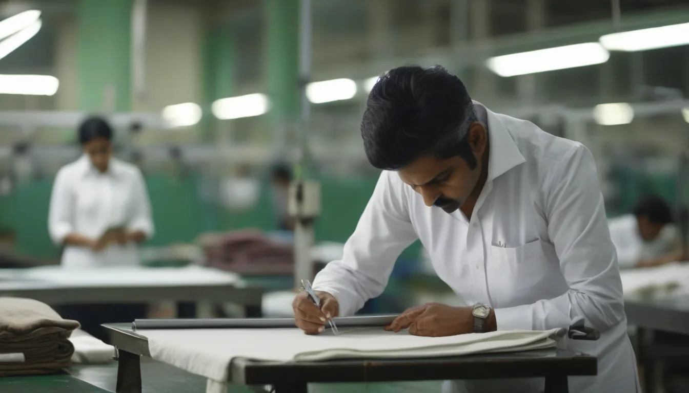 An inspector checking a finished garment against its sample