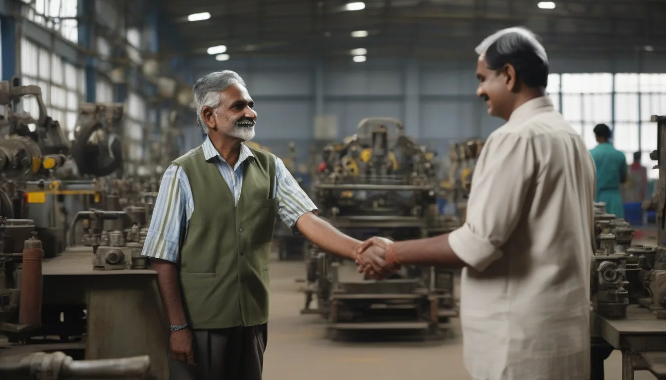 A factory owner and a VDG buyer agreeing an order on the factory floor